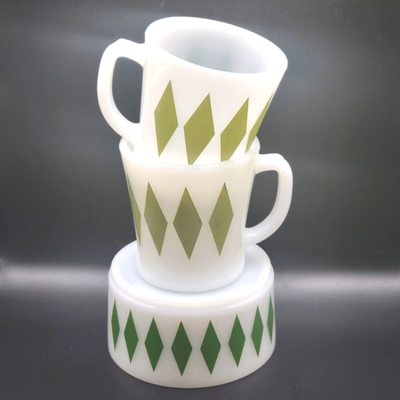 VTG Fire King Green Harlequin Milk Glass Bowl & 2 Mugs Bundle